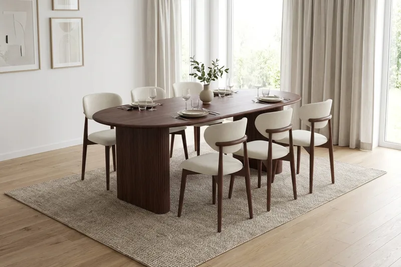 Noira spisegruppe udtræk 160-220 cm valnød med 6 Molly spisestole - Valnød - Møbler - Borde - Spisebordssæt
