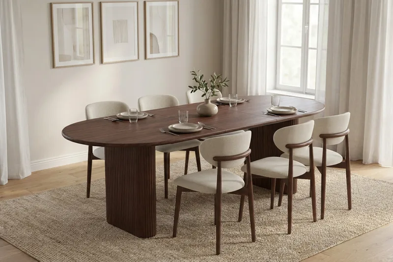 Noira spisegruppe udtræk 160-220 cm valnød med 6 Molly spisestole - Valnød - Møbler - Borde - Spisebordssæt