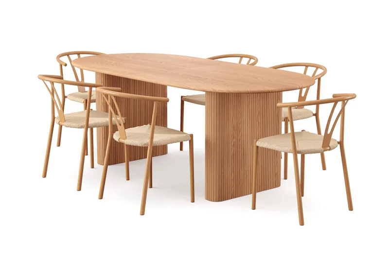 Noira spisegruppe udtræk 220-320 cm eg med 6 Elysia spisestole, Eg