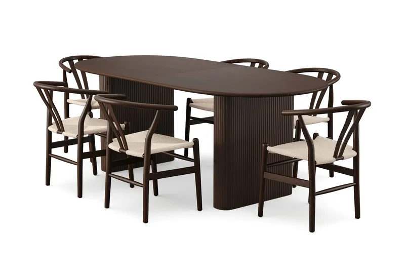 Noira spisegruppe udtrækkelig 220-320 cm røget eg med 6 Dastoori spisestole, Røget eg