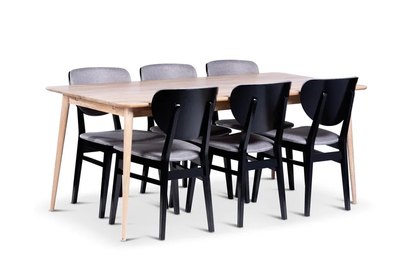 Odense Spisegruppe 180 cm med 6 Borgholm Stole i massivt træ - Natur/Sort - Møbler - Borde - Spisebordssæt