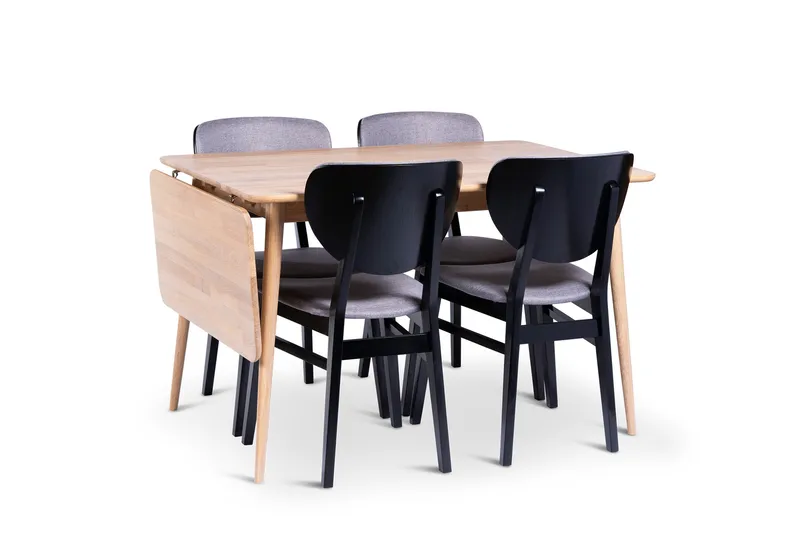 Odense Udtræksbar Spisegruppe 120-160 cm med 4 Borgholm Stole i massivt træ, Natur/Sort
