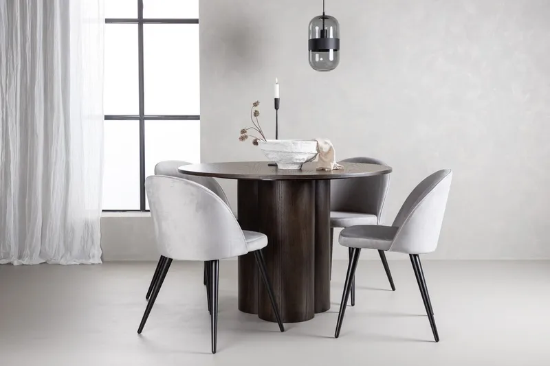 Olivero spisebord 110 cm rundt med 4 Velvet køkkenstole i fløjl