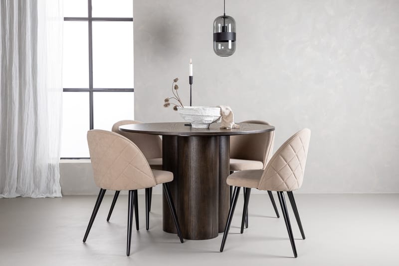 Olivia Spisebordssæt 110 cm Rund med 4 Velvet Stole - Beige - Møbler - Borde - Spisebordssæt