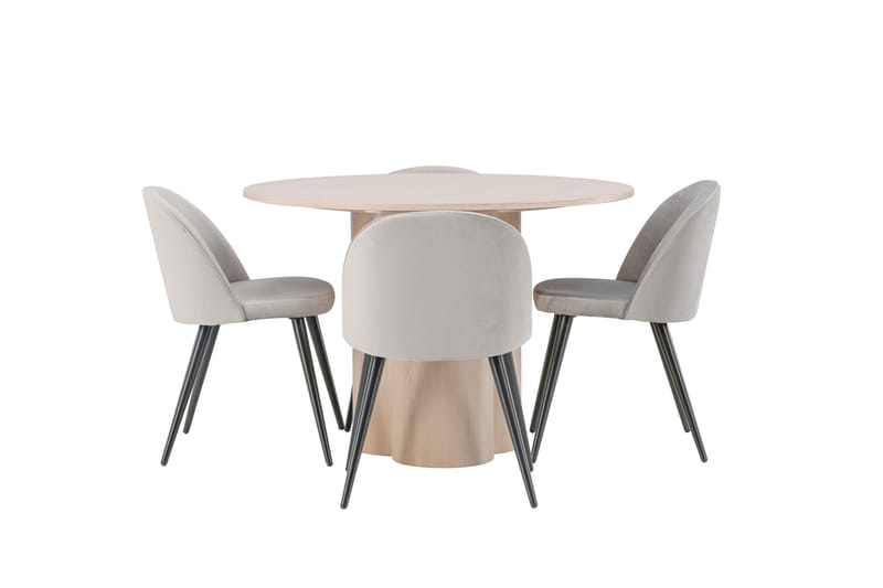 Olivia Spisebordssæt 110 cm Rund med 4 Velvet Stole, Whitewash