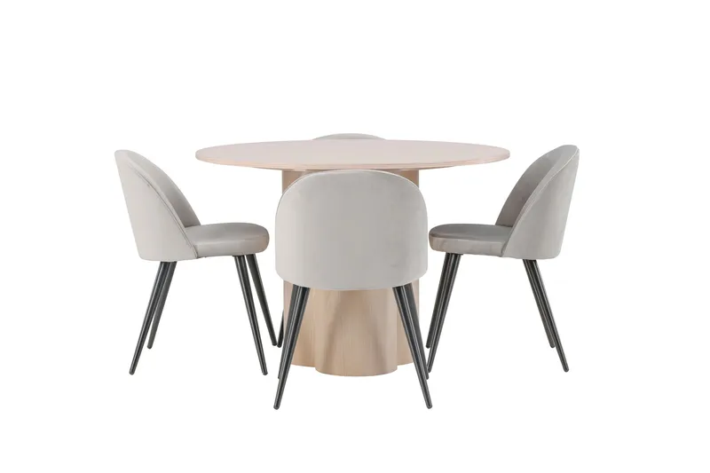 Olivia Spisebordssæt 110 cm Rund med 4 Velvet Stole, Whitewash