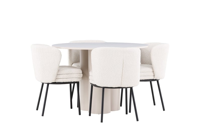 Olivia Spisegruppe 110 cm Rundt med 4 Agnes stole - Beige/Hvid - Møbler - Borde - Spisebordssæt