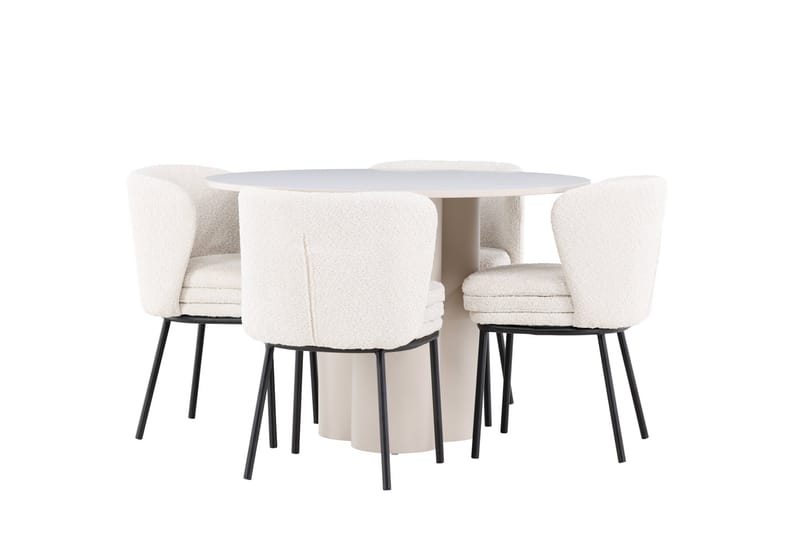 Olivia Spisegruppe 110 cm Rundt med 4 Agnes stole - Beige/Hvid - Møbler - Borde - Spisebordssæt