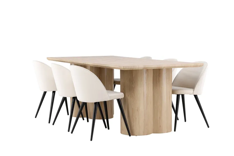 Olivia Spisegruppe 210 cm Rektangulær med 6 Velvet stole, Whitewash/Beige