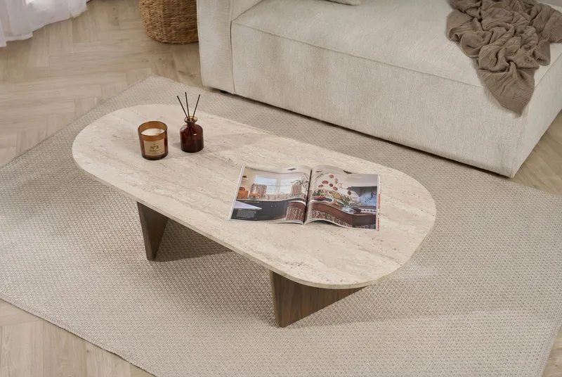 Omari Sofabord 130 cm - Travertin og valnød - Møbler - Borde - Sofabord