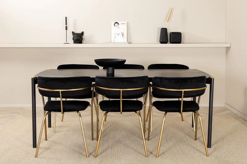 Pelle Spisebordssæt 190 cm Rektangulær med 6 Arrow Stole, Svart/Gull