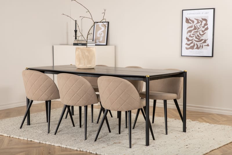 Pelle Spisegruppe 190 cm Rektangulær med 6 Velvet stole - Beige - Møbler - Borde - Spisebordssæt