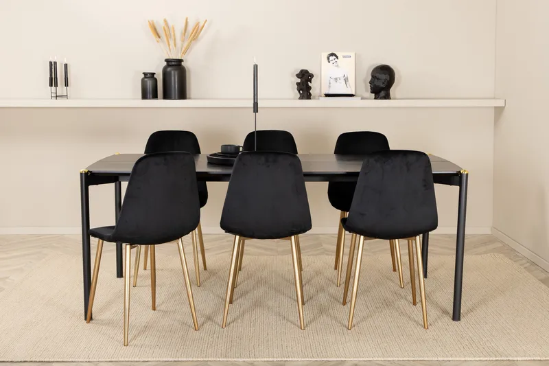 Pelle Spisegruppe 190 cm Rektangulær med 6 Polar stole - Svart/Gull - Møbler - Borde - Spisebordssæt