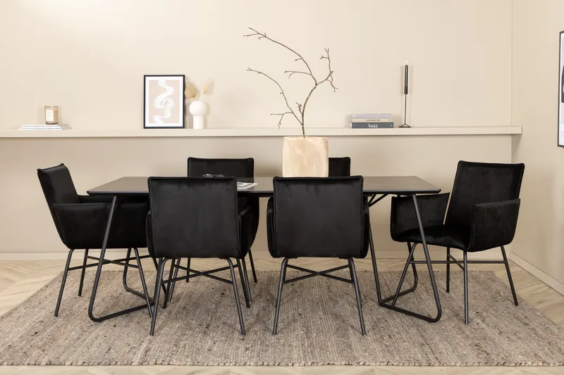 Petra Spisebordssæt 190 cm Rektangulær med 6 Petra Stole, Svart