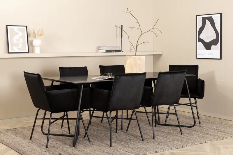 Petra Spisebordssæt 190 cm Rektangulær med 6 Petra Stole - Svart - Møbler - Borde - Spisebordssæt