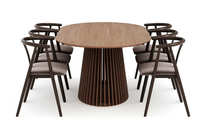 Peyra Oval Spisegruppe Massiv Valnød 200 cm med 6 Cytie Spisestole med armlæn - Valnød finér - Møbler - Borde - Spisebordssæt