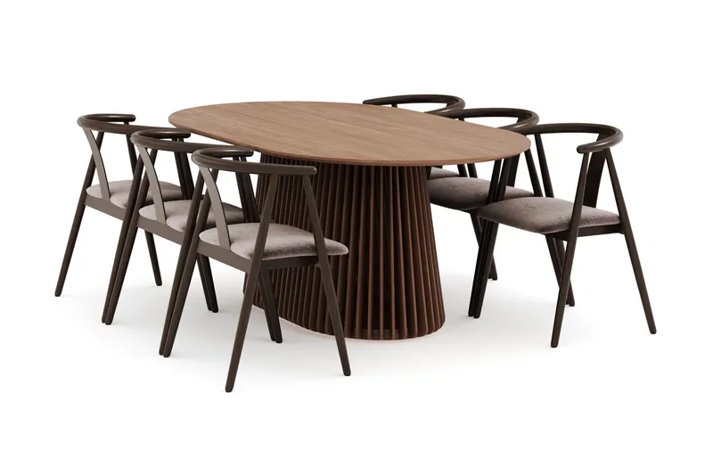 Peyra Oval Spisegruppe Massiv Valnød 200 cm med 6 Cytie Spisestole med armlæn, Valnød finér