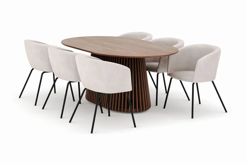 Peyra Ovalt Spisebord 200 cm med 6 Berit Stole - Valnød - Møbler - Borde - Spisebordssæt