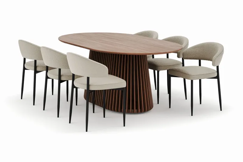 Peyra Ovalt Spisebord 200 cm med 6 Sawako Stole, Valnød