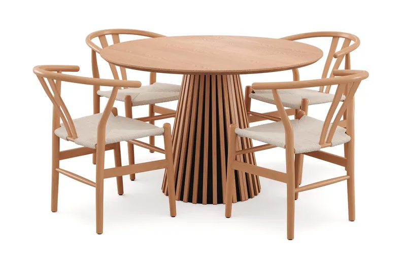 Peyra rund spisegruppe 110 cm eg med 4 Dastoori-spisebordsstole, Eg