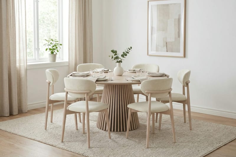 Peyra rund spisegruppe 130 cm hvidlaseret med 6 Molly-spisebordsstole - Hvidbejdset eg - Møbler - Borde - Spisebordssæt
