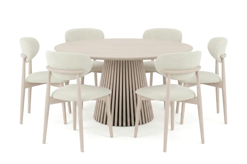 Peyra rund spisegruppe 130 cm hvidlaseret med 6 Molly-spisebordsstole, Hvidbejdset eg