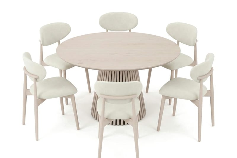 Peyra rund spisegruppe 130 cm hvidlaseret med 6 Molly-spisebordsstole - Hvidbejdset eg - Møbler - Borde - Spisebordssæt