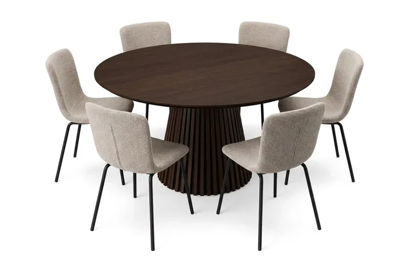 Peyra rund spisegruppe 130 cm i røget eg med 6 Katy-spisestole, Røget eg