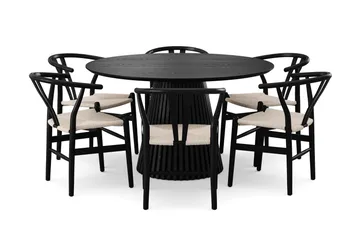 Peyra rund spisegruppe 130 cm i sort med 6 Dastoori-spisestole - Sort - Møbler - Borde - Spisebordssæt