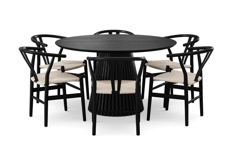 Peyra rund spisegruppe 130 cm i sort med 6 Dastoori-spisestole - Sort - Møbler - Borde - Spisebordssæt