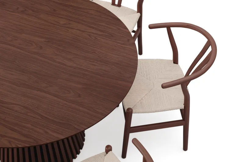 Peyra rund spisegruppe 130 cm i valnød med 6 Dastoori-spisestole - Valnød - Møbler - Borde - Spisebordssæt
