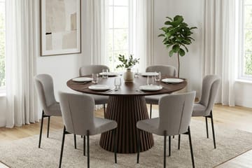Peyra rund spisegruppe 130 cm i valnød med 6 Elsie-spisestole - Valnød - Møbler - Borde - Spisebordssæt