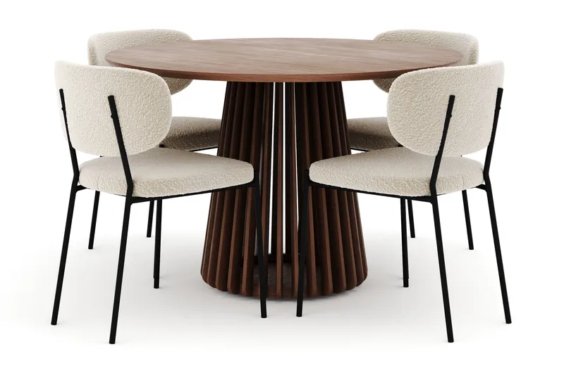 Peyra Rundt Spisebord 120 cm med 4 Gemmiano Stole - Valnød - Møbler - Borde - Spisebordssæt
