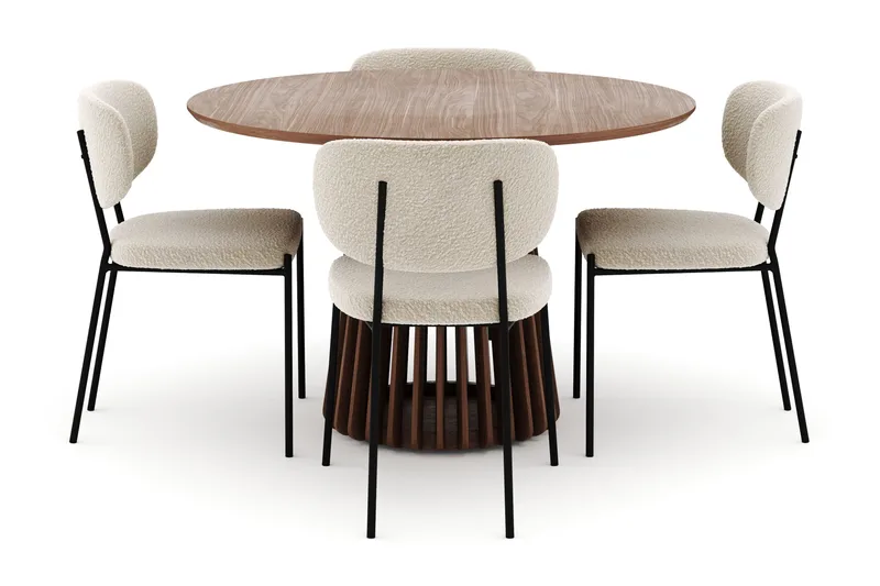Peyra Rundt Spisebord 120 cm med 4 Gemmiano Stole - Valnød - Møbler - Borde - Spisebordssæt
