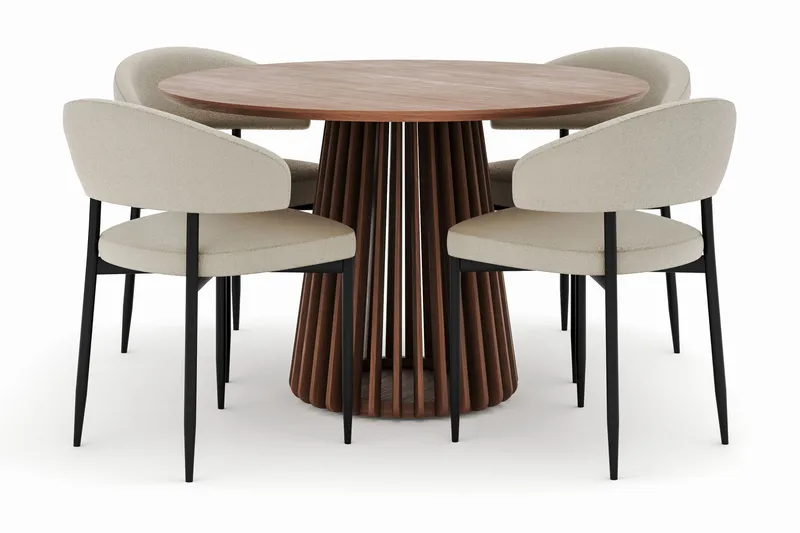 Peyra Rundt Spisebord 120 cm med 4 Sawako Stole, Valnød