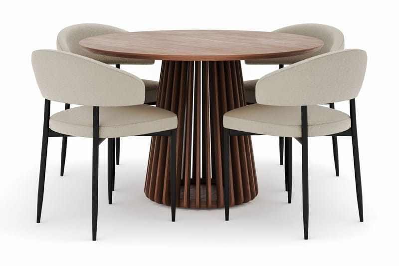 Peyra Rundt Spisebord 120 cm med 4 Sawako Stole, Valnød