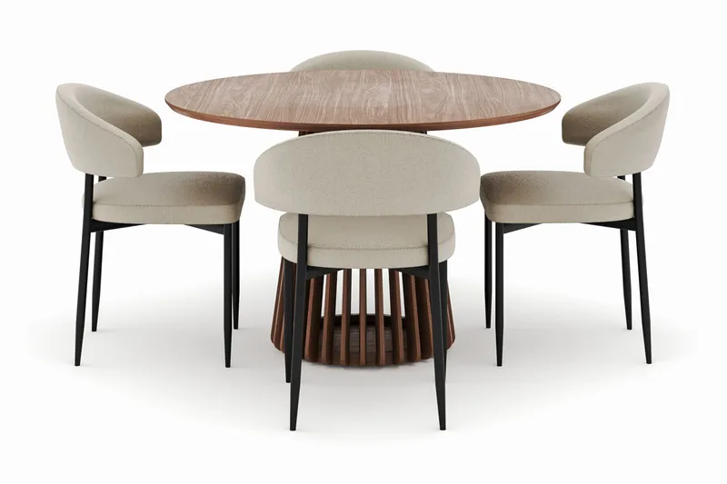 Peyra Rundt Spisebord 120 cm med 4 Sawako Stole - Valnød - Møbler - Borde - Spisebordssæt