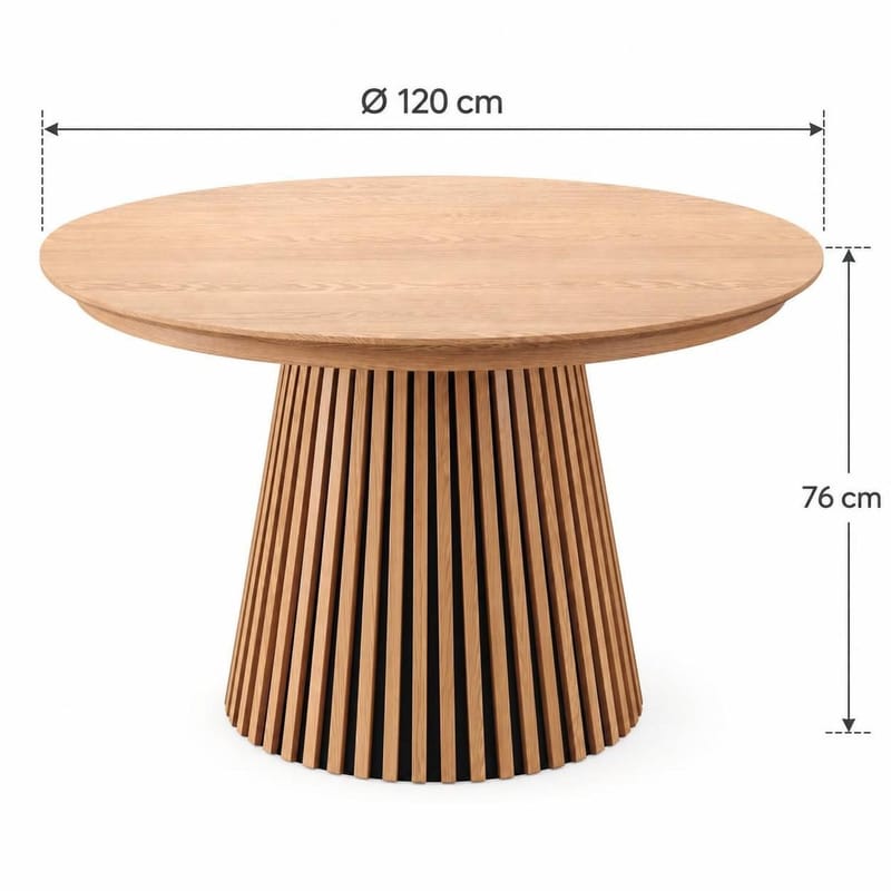 Peyra Rundt Udtrækkeligt Spisebordssæt 120-220 cm – Spisebord med 4 Amelia Spisestole i Træ med Egetræsudseende - Natur - Møbler - Borde - Spisebordssæt