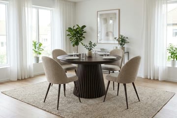 Peyra Rundt Udtrækkeligt Spisebordssæt 120-220 cm – Spisebord med 4 Nibe Plus Spisestole i Træ med Røget Eg-udseende - Mørkebrun|Greige - Møbler - Borde - Spisebordssæt