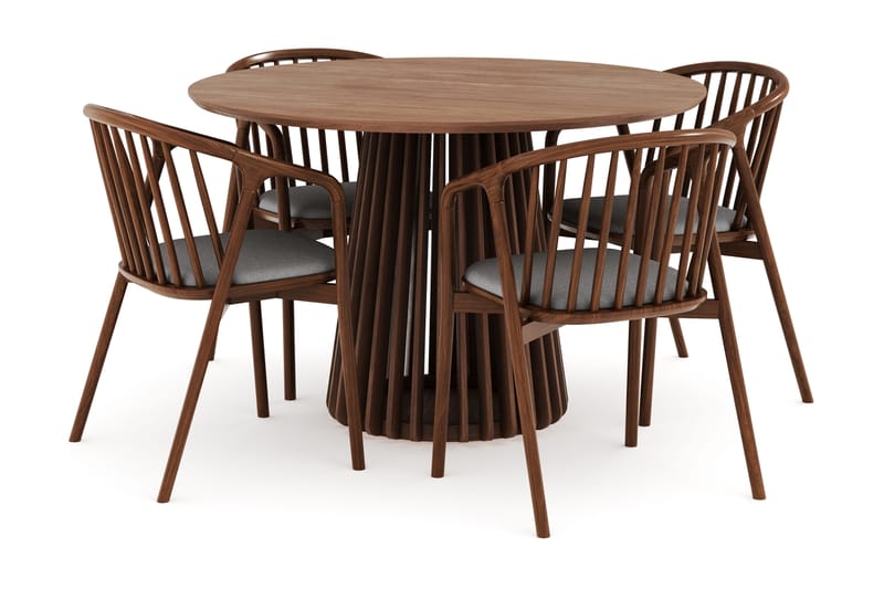 Peyra Runt Matgrupp 120 cm med 4 Noira Matstolar, Valnød finér