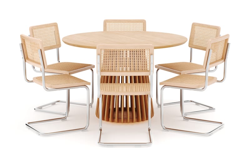 Peyra Spisebord 120 cm Rundt Ek med 6 stk Build Matstkolar - Natur - Møbler - Borde - Spisebordssæt