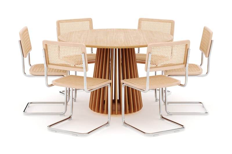 Peyra Spisebord 120 cm Rundt Ek med 6 stk Build Matstkolar - Natur - Møbler - Borde - Spisebordssæt