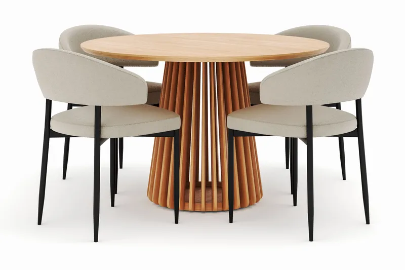 Peyra Spisebord 120 cm Rundt med 4 Sawako Stole, Natur
