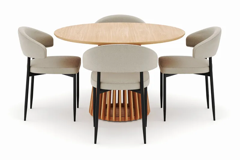 Peyra Spisebord 120 cm Rundt med 4 Sawako Stole - Natur - Møbler - Borde - Spisebordssæt