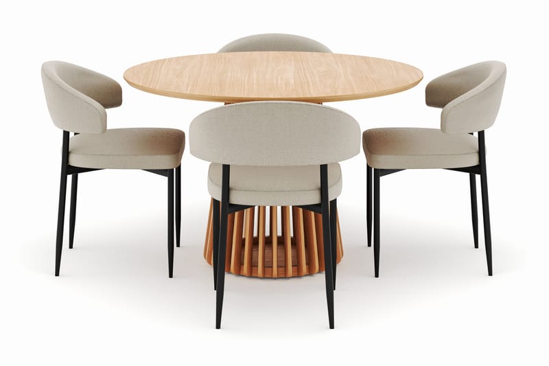 Peyra Spisebord 120 cm Rundt med 4 Sawako Stole - Natur - Møbler - Borde - Spisebordssæt