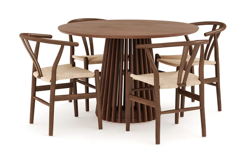 Peyra Spisebordssæt 120 cm Rundt Spisebord med 4 Dastoori Spisebordsstole, Valnød / Brun / Beige