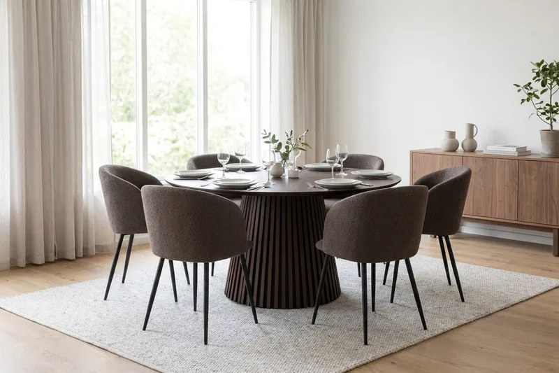 Peyra spisebordssæt 150 cm rundt med 6 Greya-spisestole - Røget eg - Møbler - Borde - Spisebordssæt