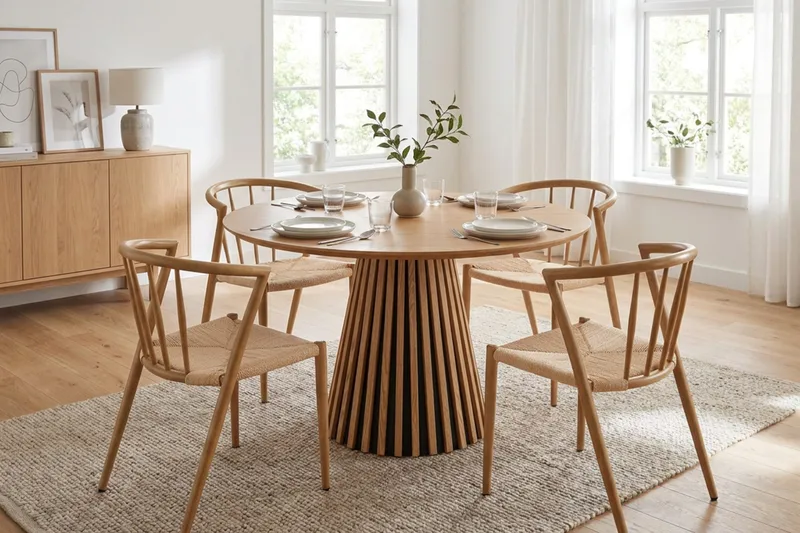 Peyra Spisebordssæt rundt 110 cm eg med 4 Winston spisebordsstole - Eg - Møbler - Borde - Spisebordssæt