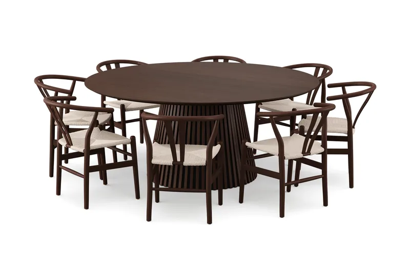 Peyra spisegruppe, rund 180 cm, røget eg med 8 Dastoori-spisestole, Røget eg