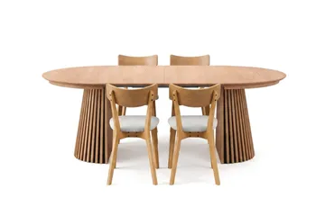 Peyra spisegruppe, udtrækkelig og rund 120-220 cm i eg med 4 Amelia spisebordsstole med hynde - Eg/beige - Møbler - Borde - Spisebordssæt